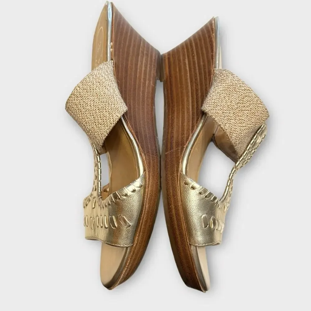 JACK ROGERS Nora Neutral Tan & Metallic Gold Wedge Sandals Size 8.5